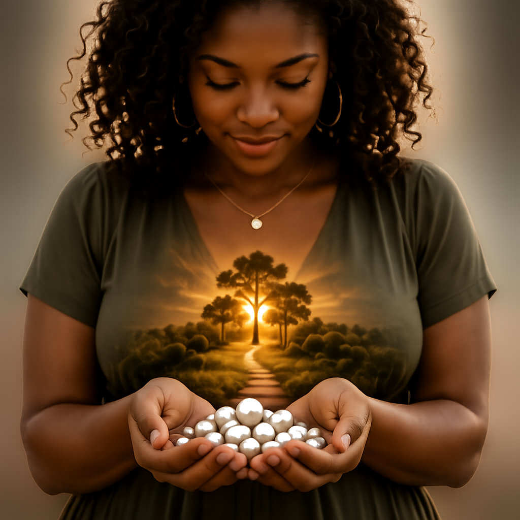 Woman holding pearls with a glowing tree of life