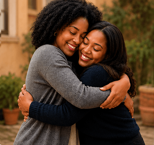 Two women sharing a warm embrace