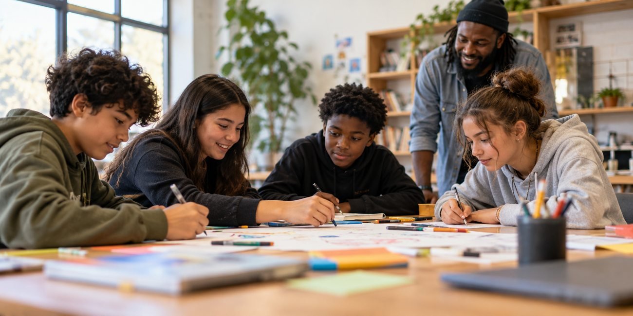 Illustrative photograph of young people learning and working together