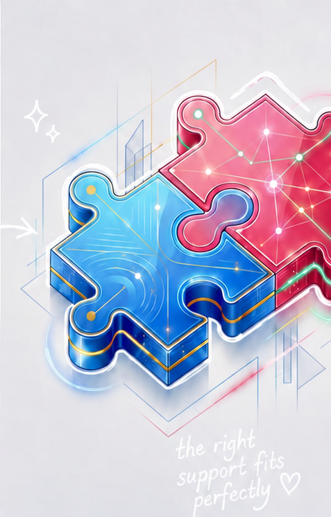 Original blue and pink interconnected puzzle artwork with the words the right support fits perfectly