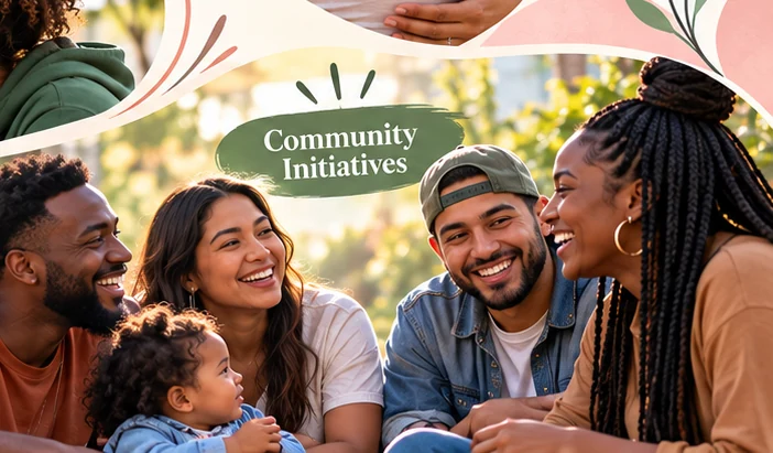 Illustrative photograph of a family and community members talking together
