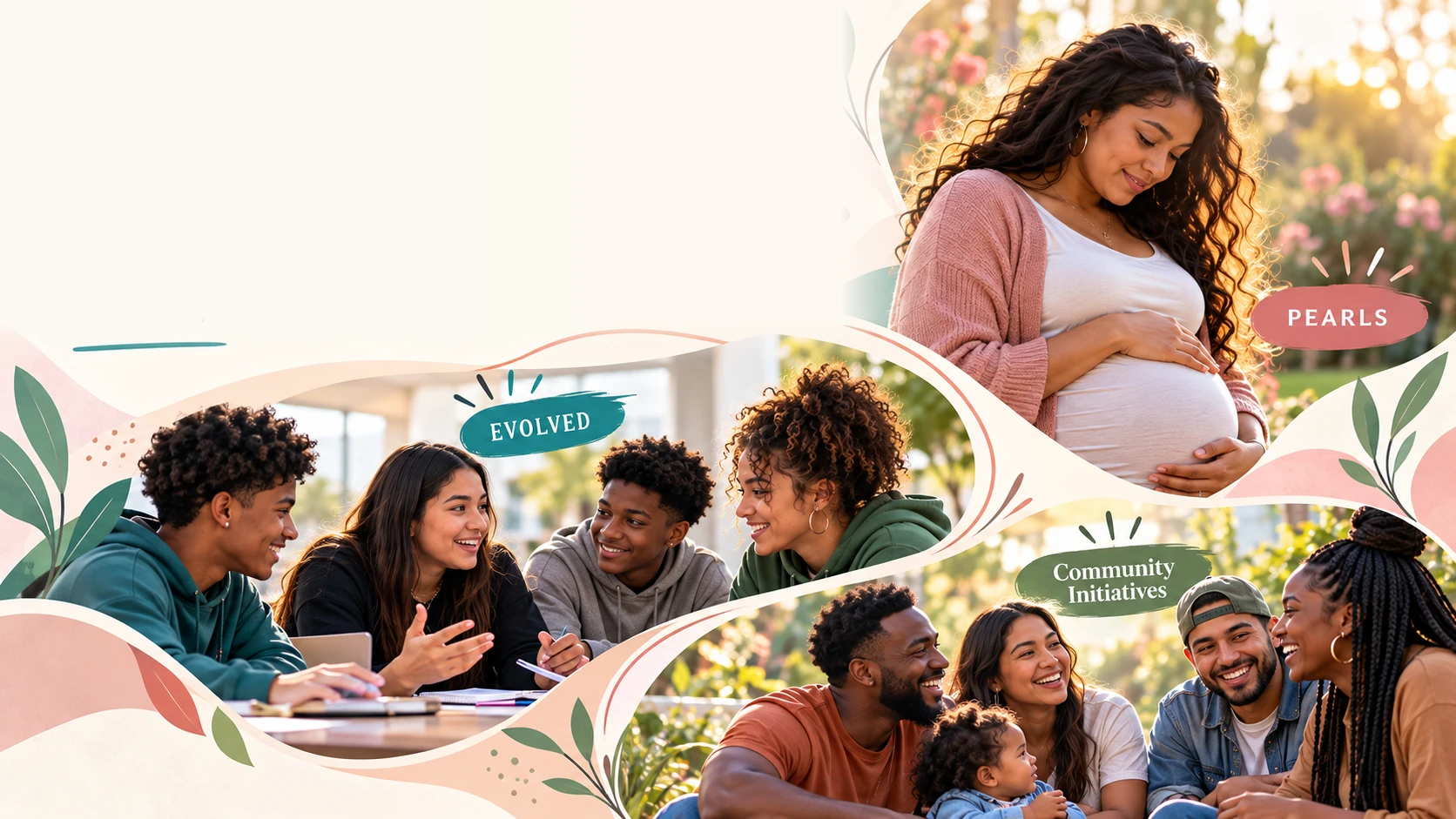 Illustrative collage depicting an expectant mother, teenagers in discussion, and young families connecting