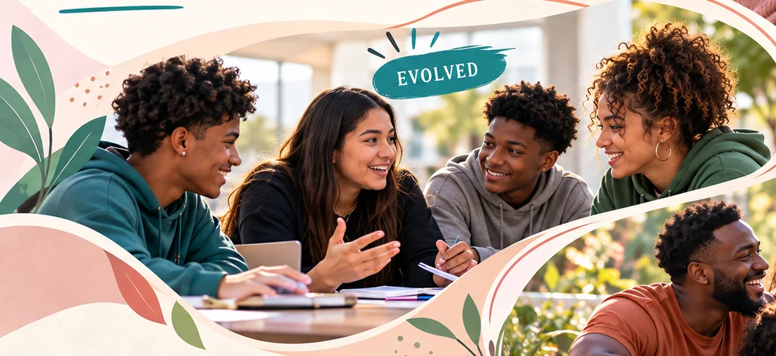 EVOLVED: illustrative group of young people in discussion