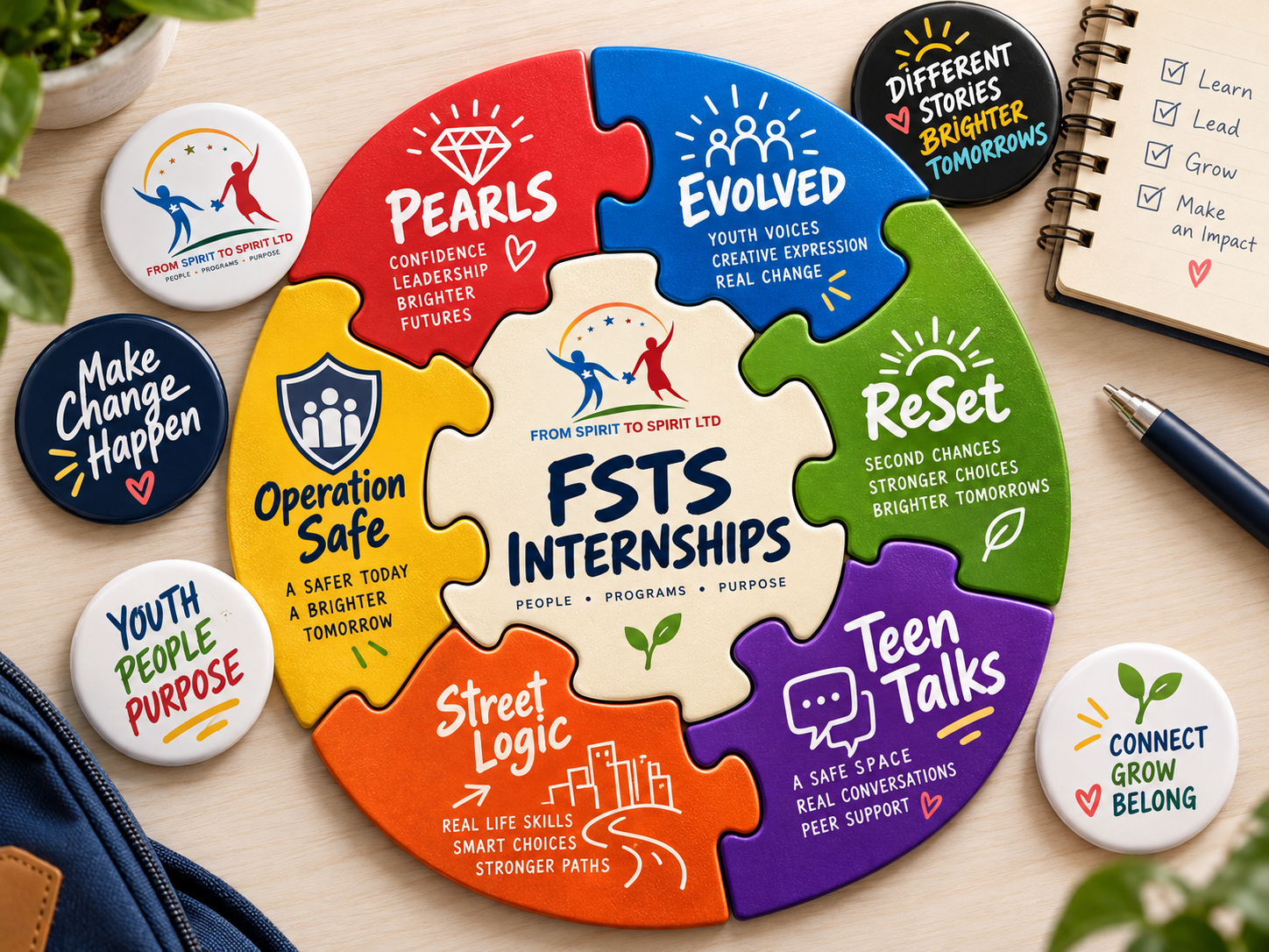 FSTS Internships at the center of an interconnected puzzle featuring PEARLS, EVOLVED, ReSet, Operation Safe, Street Logic, and Teen Talks, representing opportunities to contribute across FSTS