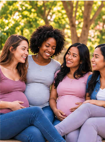 Diverse group of young women sharing encouragement, including expectant mothers