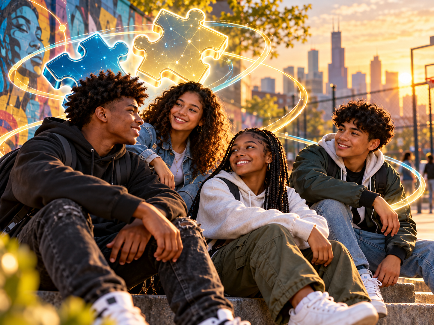 Four diverse young people together in an urban setting with a city skyline and connected puzzle graphics